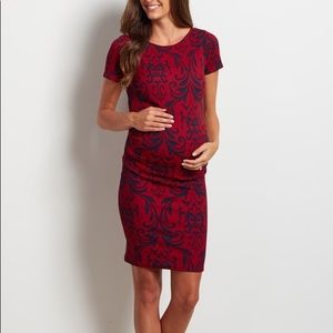 Burgundy Damask Fitted Maternity Dress